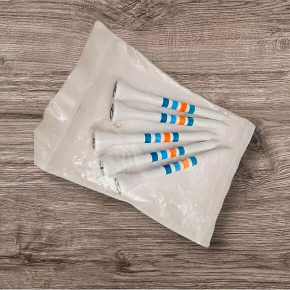 Straight Down White Wooden Golf Tees with Blue, Orange, and Green Stripes 2.75in - Picture 3 of 4